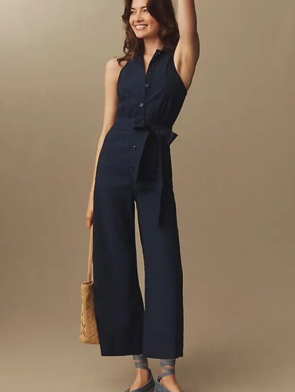 Maeve by Anthropologie Navy Halter Button-Front Sleeveless Jumpsuit - Size - 12